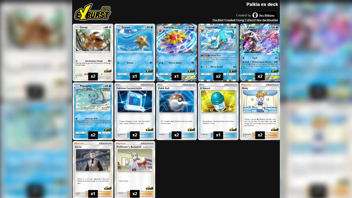 Un elenco completo di carte nella migliore Palkia Ex Deck per Pokemon TCG Pocket