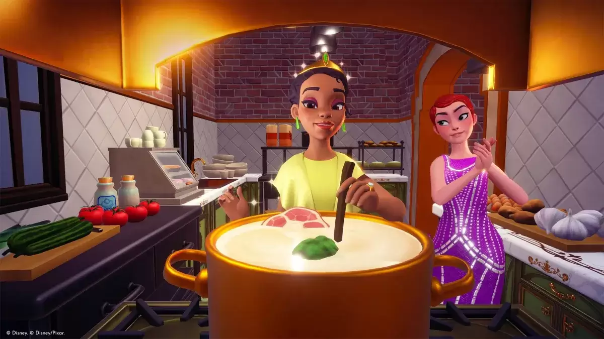 Tiana cooking in Disney Dreamlight Valley.