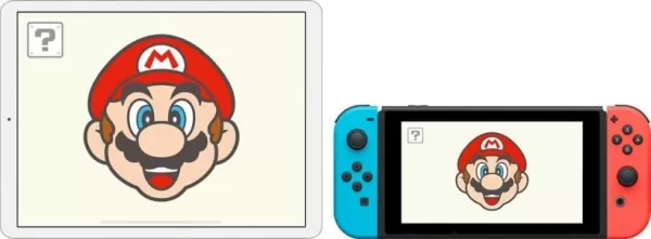 Le visage souriant de Mario affiché sur une tablette et un écran de Nintendo Switch à l'effigie du plombier italien moustachu.