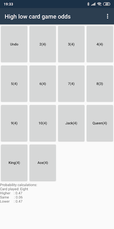 High low card game odds 螢幕截圖 1