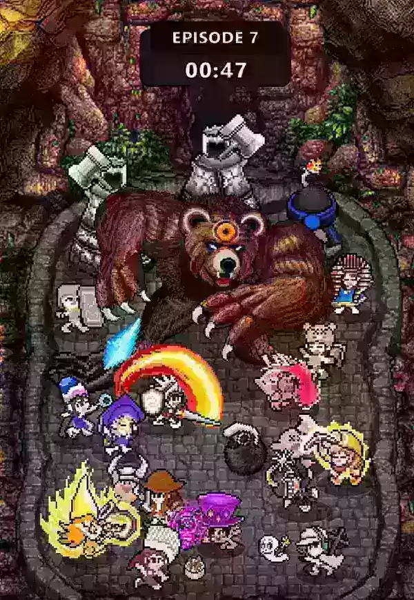 像素风格的英雄们正与一只巨熊作战