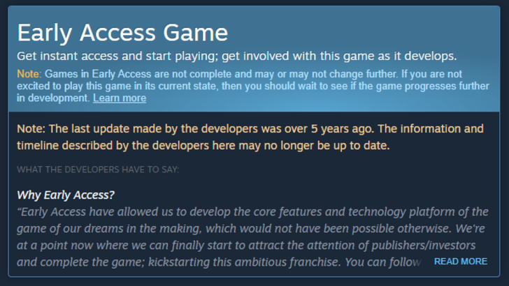 Example of an Early Access game with a warning