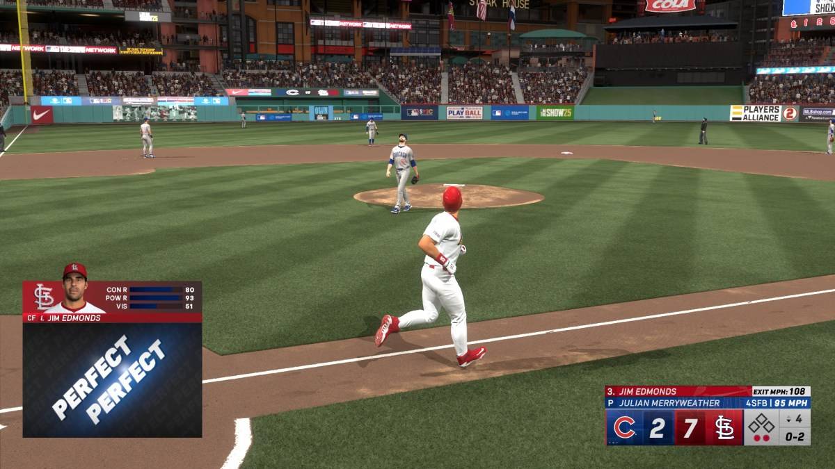 Jim Edmonds hitting a home run in MLB The Show 25.