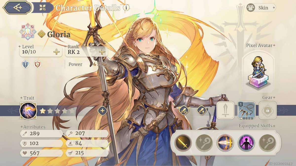 Uma captura de tela da tela de personagem de Gloria em Sword of Convallaria