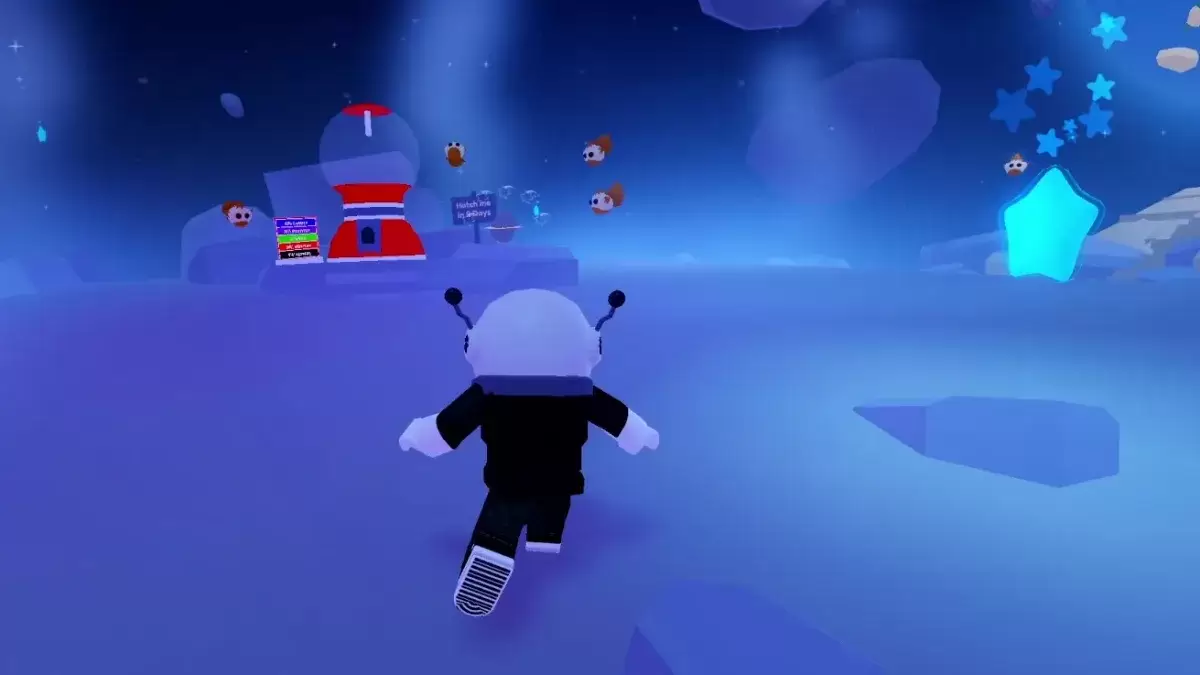 Roblox gameplay of Adopt Me showing a Shooting Star on the Moon and the Gumball Machine next to the Royal Moon Egg