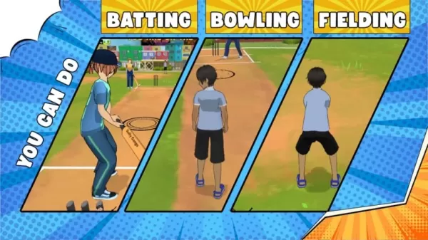 Uno screenshot di gameplay in Gangh Gangs: Street Cricket che mostra in battuta, bowling e fielding in azione