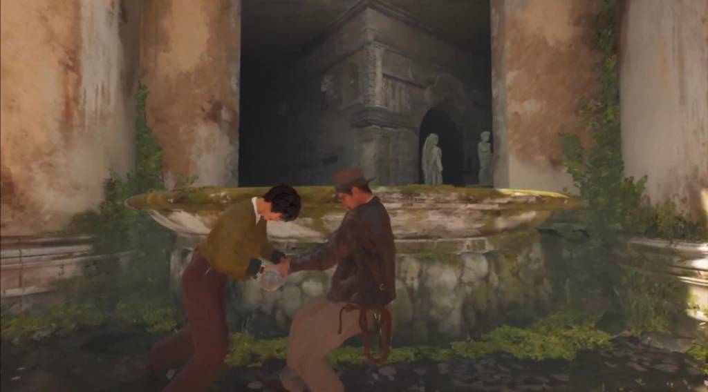 Indy and Gina pulling the lever that is a part of the Fountain of Confession puzzle in Indiana Jones and the Great Circle