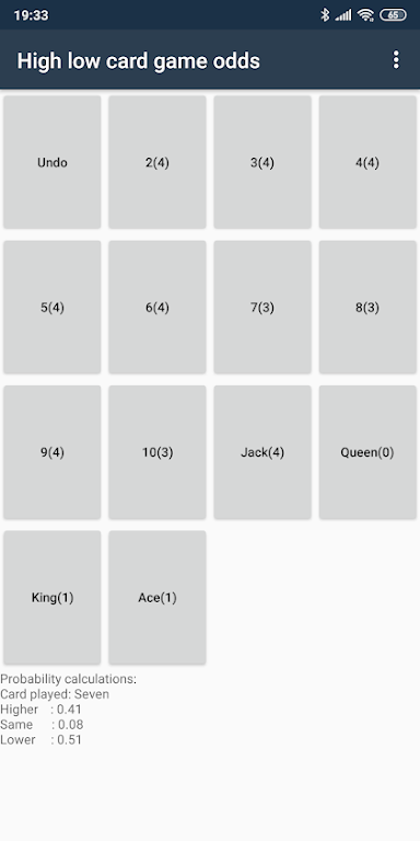 High low card game odds 螢幕截圖 0